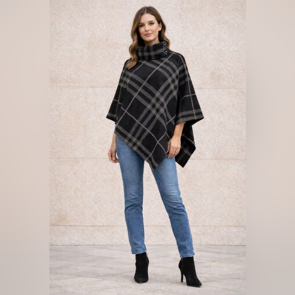 Black & Gray Plaid Turtle Neck Poncho -  Made in Italy